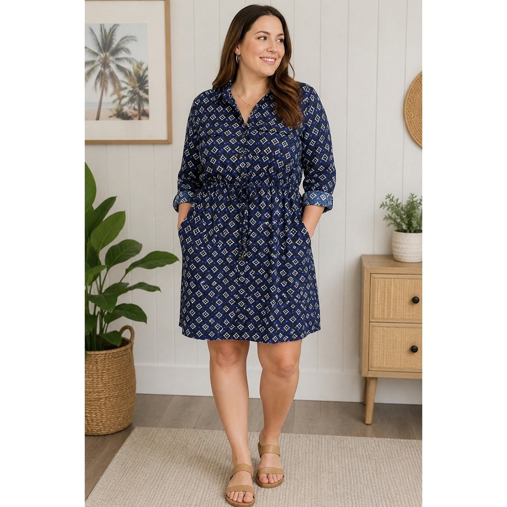 Indulge in Style Shirt Dress Womens 1X Blue Geometric Ikat Drawstring Roll-Tab